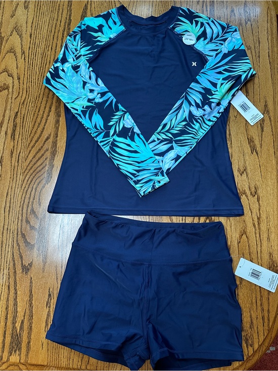 Hurley Other - Hurley Navy Swim Rash Guard Set with Teal Leaf-Print Sleeves